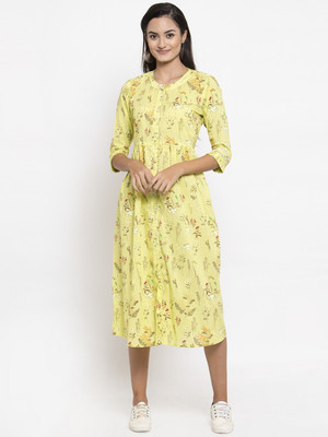 indibelle Women A-line Yellow Midi/Calf Length Dress