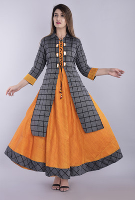 BLEZZA Women Checkered Anarkali Kurta(Grey, Yellow)