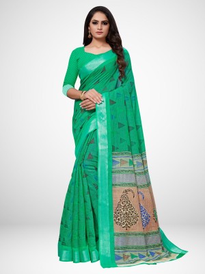 Ratnavati Printed Bollywood Cotton Linen Saree(Green)