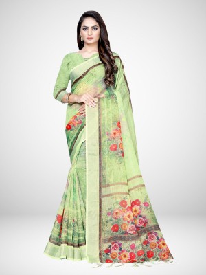 Ratnavati Floral Print Bollywood Cotton Linen Saree(Light Green)