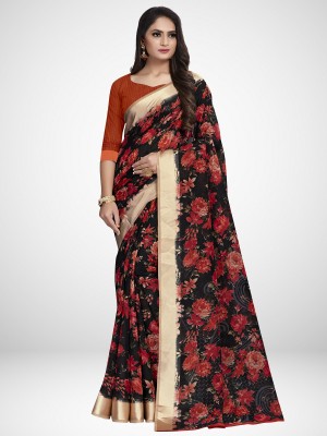 Ratnavati Floral Print Bollywood Cotton Linen Saree(Black)