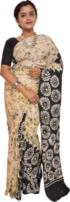 KheyaliBoutique Hand Painted Hand Batik Pure Cotton Saree(Black, Cream)