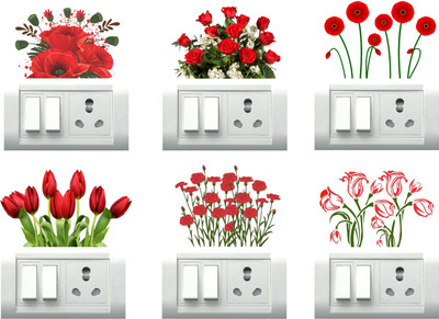 VCREATE DECOR 12 cm Red flower Switch Board Removable Sticker(Pack of 6)