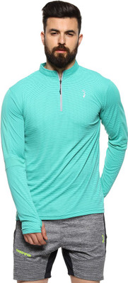 CAMPUS SUTRA Striped Men Mandarin Collar Green T-Shirt