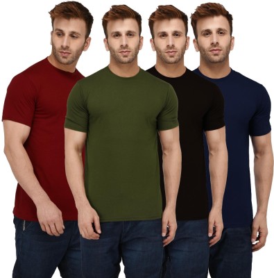 London Hills Solid Men Round Neck Dark Blue, Dark Green, Maroon, Black T-Shirt