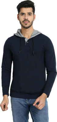 Black Collection Self Design Men Hooded Neck Dark Blue, Grey T-Shirt