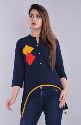 BLEZZA Casual 3/4 Sleeve Solid Women Blue Top