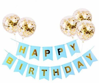 Pixelfox Happy Birthday Banner (SkyBlue) + 5 Confetti Balloons(Golden)(Set of 6)