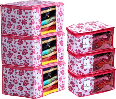 KUBER INDUSTRIES Designer Flower Design Non Woven 3 Piece Saree Cover/Cloth Wardrobe Organizer And 3 Pieces Blouse Cover Combo Set (Pink) -CTKTC38439 CTKTC038439(Pink)
