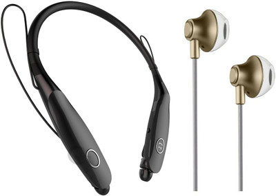 Oxhox Bluetooth Headphone With Wired Earphone Combo Pack Of 2 (BK-GLD) Bluetooth Headset(Black, Gold, Wireless in the ear)