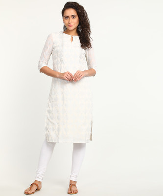 W Women Printed Straight Kurta  (Silver, Beige)