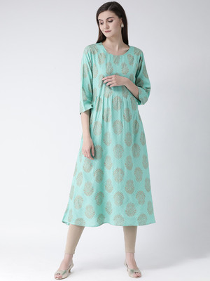 Span Women Floral Print Flared Kurta(Green)