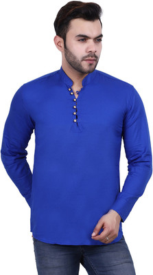 F2M Men Solid Straight Kurta(Blue)