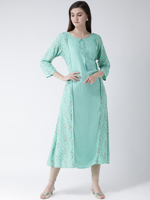 Span Women Floral Print Flared Kurta(Green)