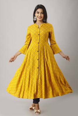 MAHAGEETA Women Checkered Flared Kurta(Yellow)