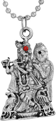 Morvi Silver Plated Antique Finish CZ, Lord of Radha Krishna with Peacock, Krishna Temple Jewellery Pendant for men and Women Silver Cubic Zirconia Brass Pendant