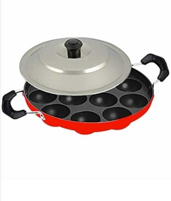 Viyasha 12 Cavities Non Stick Appam Patra with Lid,Red (Paniyarrakal/Paniyaram/Appam Maker) Paniarakkal with Lid 12 L capacity 23 cm diameter(Aluminium, Non-stick)