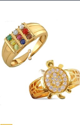 VAIBHAV Gold Plated 9 Gemstone Ring & Gold Plated Adjustable Tortoise Ring Combo With Laxmi Pratima for Men and Women Brass Gold Plated Ring Set