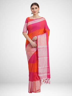 Ratnavati Checkered Bollywood Cotton Silk Saree(Pink, Orange)