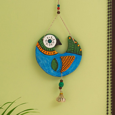 ExclusiveLane 'Curled Peacock' Handmade & Hand-painted Garden Decorative Wall Hanging In Terracotta Decorative Showpiece  -  46.3 cm(Terracotta, Multicolor)