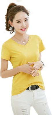 Unistreet Solid Women V Neck Yellow T-Shirt