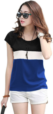 Rebound Casual Regular Sleeve Color Block Women Dark Blue, White, Black Top
