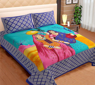CHETANYA LOOMTEX 240 TC Cotton Double Printed Flat Bedsheet(Pack of 1, Blue)