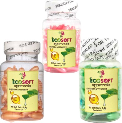 ECOSOFT AYURVEDA Family Pack Anti-aging Aloe Vera And Vitamin E Anti Wrinkle Serum Spot Acne Removing , Whitening Facial Face Care Oil ( 60 + 60 + 60 Soft Gel Capsules ).(180 g)