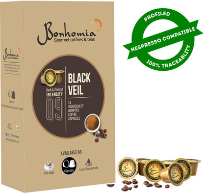 Bonhomia Black Veil | 50 Coffee Capsules Arabica | Compatible Coffee Pods | Intensity 9/10 Roast & Ground Coffee(10 x 25 g)