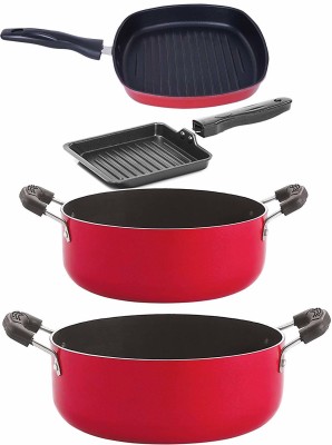 NIRLON Gas Compatible Non-Stick Aluminium Cookware Set, 4-Pieces, Red/Black Non-Stick Coated Cookware Set(PTFE (Non-stick), Aluminium, 4 - Piece)