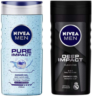 NIVEA MEN PURE IMPACT (250 ML) + DEEP IMPACT (250 ML) (PACK OF 2) SHOWER GEL (2 x 250 ml)(2 x 250 ml)