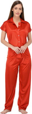 Fabme Women Solid Red Shirt & Pyjama set