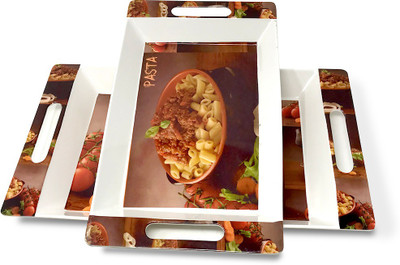 U.P.C. Rectangular Melamine Serving Tray, Set of 2 Pasta Printed White & Brown Stylish Tray (Medium and Large Size) Rosseate Series Tray Tray(Pack of 2, Microwave Safe)