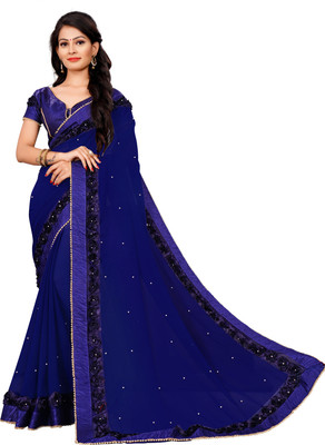 QEXTY Embroidered Bollywood Georgette Saree(Blue)