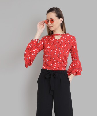 Chimpaaanzee Casual Bell Sleeve Floral Print Women Red Top