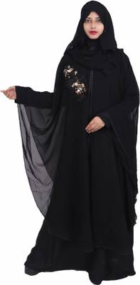 Dubai Collection B_30 BEAUTIFUL FARSHA DOUBLE LAYER ABAYA BURQA NEW MODEL PREMIUM QUALITY NIDA FABRIC WITH HIJAB Poly Crepe Self Design Abaya With Hijab  (Black)