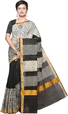 Mystory Hand Painted, Woven Handloom Cotton Blend Saree(White, Black)