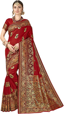 Sariya Woven, Embellished Kalamkari Silk Blend, Jacquard Saree(Maroon)