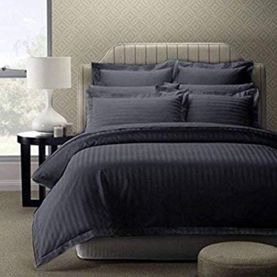 Yb Homes 300 TC Cotton, Satin King Striped Flat Bedsheet(Pack of 1, Grey)