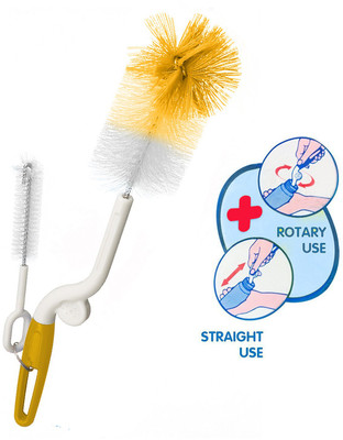 PIKIPOO Multi-Function 2 in 1 Baby Milk Feeding Bottle, Cup, Glass,Sipper, Nipple Cleaning Brush with 360 Degree Rotary Handle Portable Brush(Yellow)