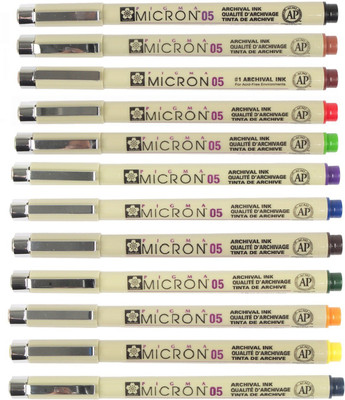 SAKURA Pigma Micron 05 (.45mm) Set Fineliner Pen(Pack of 12, Ink Color - Multicolor)