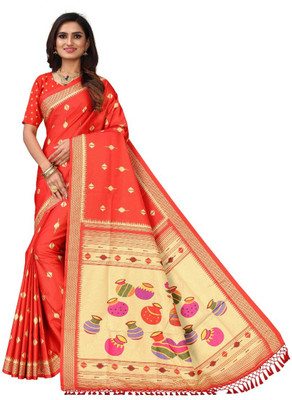 AVINASH Digital Print Kanjivaram Silk Blend Saree(Orange, Yellow)