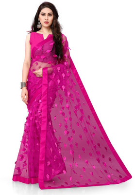 Vishnu Creations Printed Bollywood Net, Art Silk Saree(Magenta)