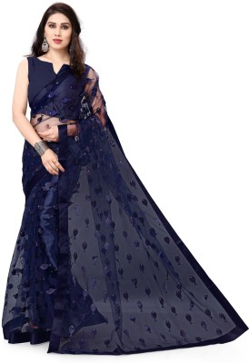 Vishnu Creations Printed Bollywood Net, Art Silk Saree(Dark Blue)