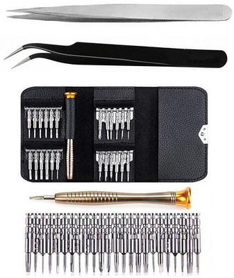 wroughton 25 in 1 Precision Screwdriver Set Multi Pocket Repair Tool Kit for Mobiles|Laptops|Electronics With 1 Stainless Steel Non Magnetic Tweezers- Straight and 1 ESD Non Magnetic Tweezers- Curved Precision Screwdriver Set(Pack of 27)