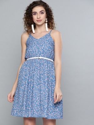 SASSAFRAS Women Fit and Flare White, Blue, Pink Dress