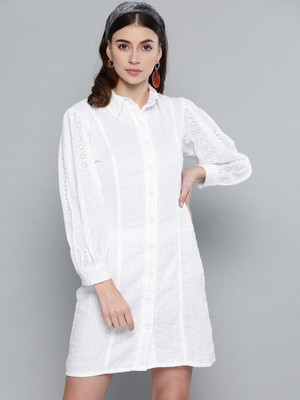 SASSAFRAS Women Shift White Above Knee/Mid Thigh Length Dress