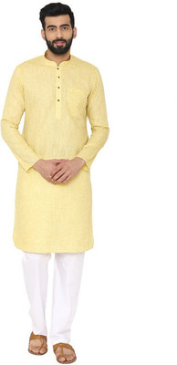 MANYAVAR Men Self Design Straight Kurta(Yellow)