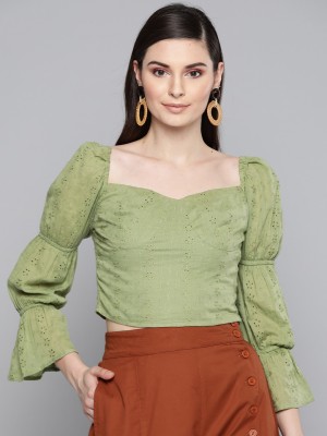 SASSAFRAS Casual Bell Sleeve Embroidered Women Green Top