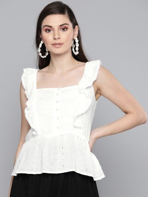 SASSAFRAS Casual Ruffled Sleeve Embroidered Women White Top